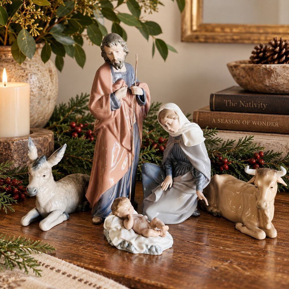 NAO by Lladro 5 Piece Nativity Set Mary Joseph Baby Jesus Donkey Ox Spain